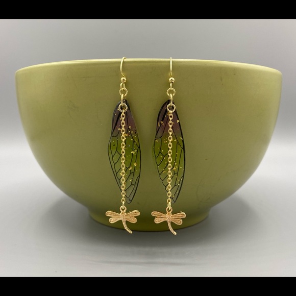 Hand Crafted Jewelry - Dragonfly Wing Dangle Drop Earrings Handmade Large Purple Green Gold Tone Gifts
